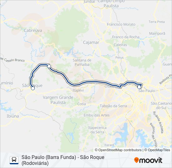 Mapa da linha 8523-01 SÃO PAULO (BARRA FUNDA) - SÃO ROQUE (RODOVIÁRIA) de ônibus