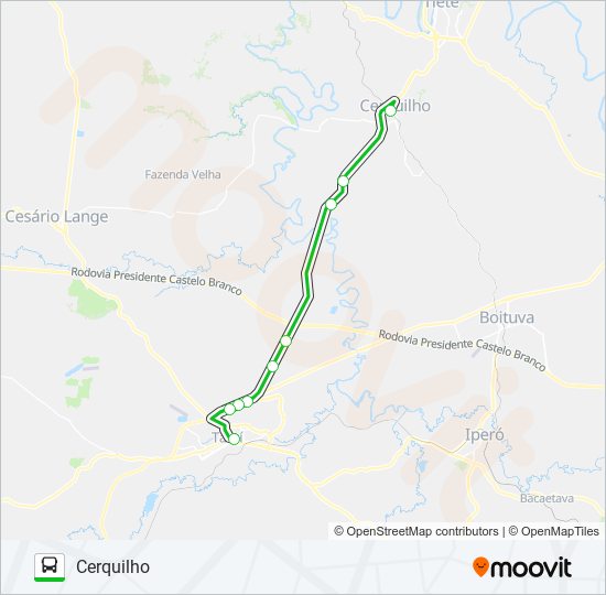 Mapa da linha CERQUILHO / TATUÍ de ônibus