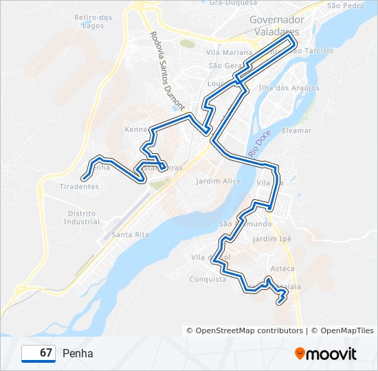 Mapa da linha 67 de ônibus