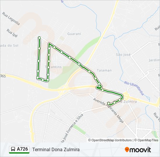 Mapa da linha A726 de ônibus