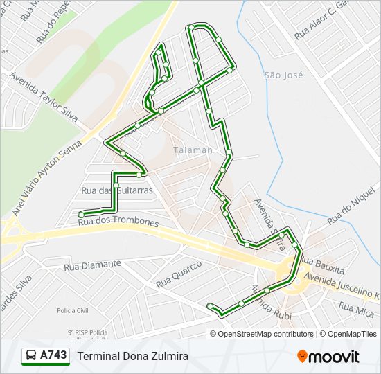 Mapa da linha A743 de ônibus