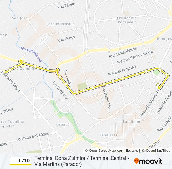 Mapa da linha T710 de ônibus