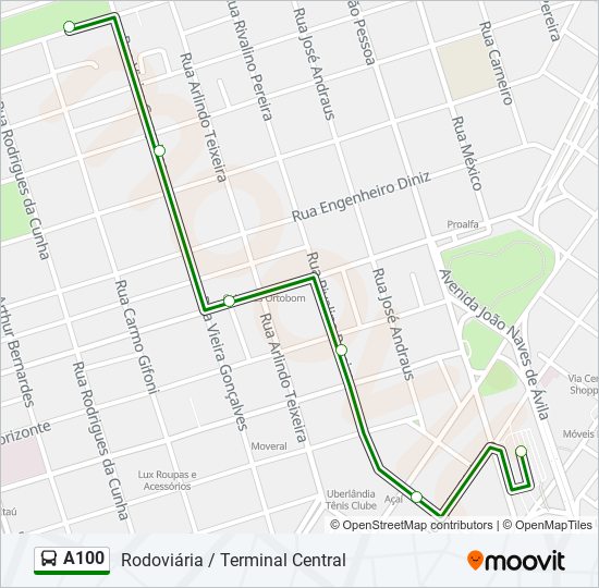 Mapa da linha A100 de ônibus