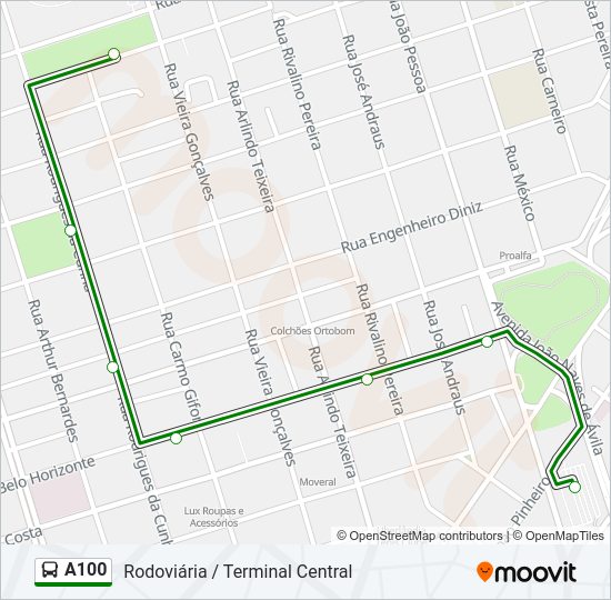 Mapa da linha A100 de ônibus