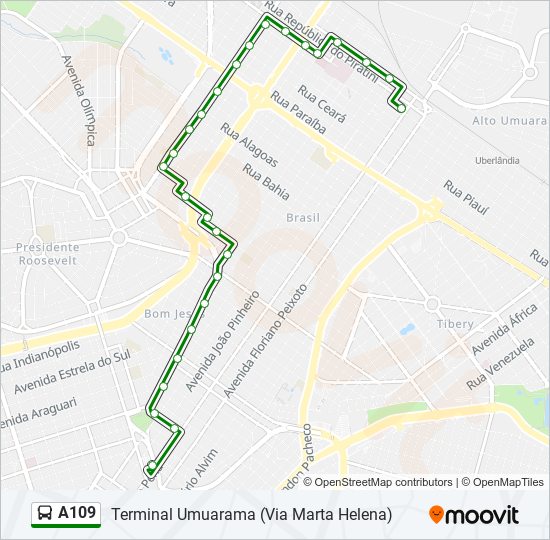 Mapa da linha A109 de ônibus