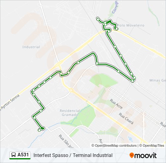 Mapa da linha A531 de ônibus