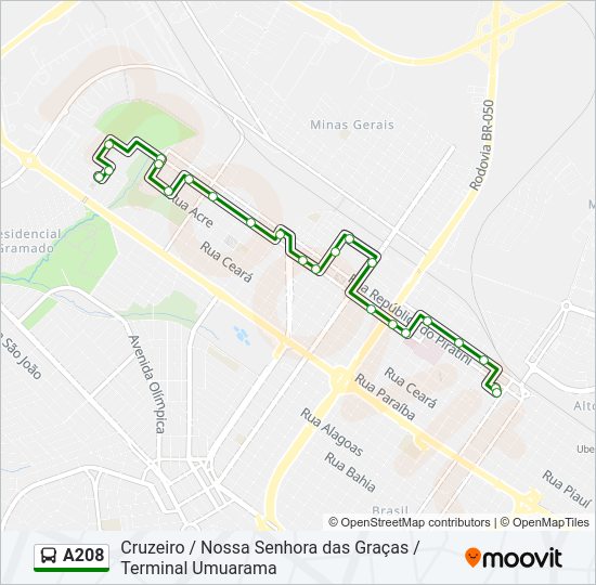 Mapa da linha A208 de ônibus