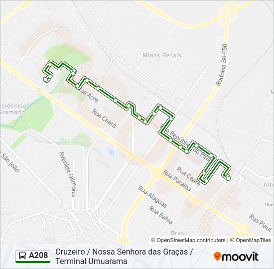 Mapa da linha A208 de ônibus