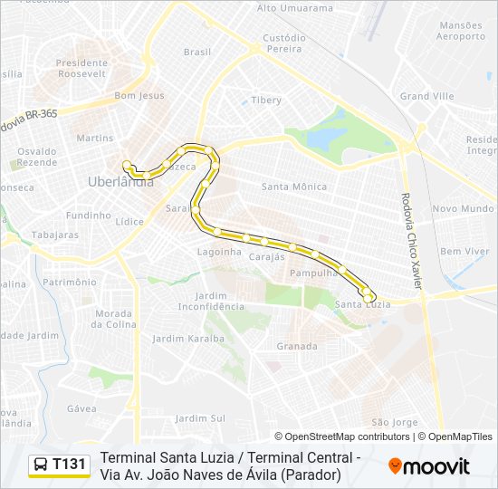 Mapa da linha T131 de ônibus
