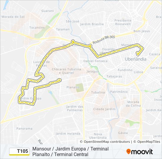 Mapa da linha T105 de ônibus