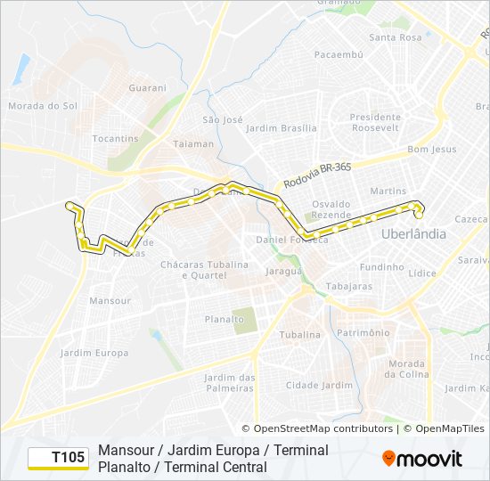 Mapa da linha T105 de ônibus
