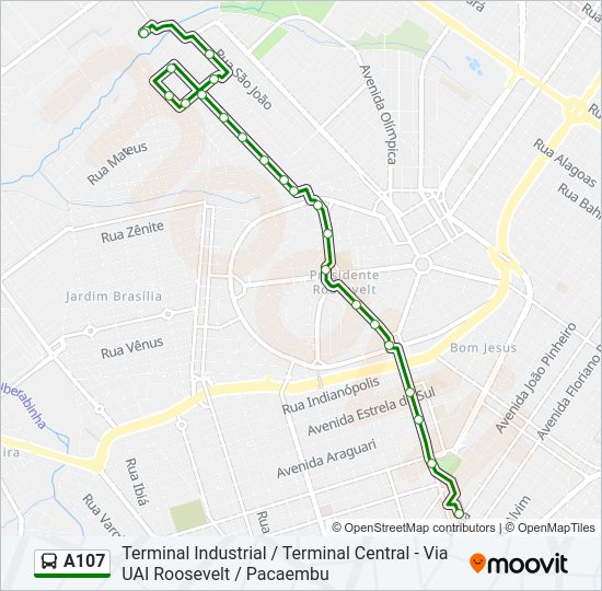 Mapa da linha A107 de ônibus