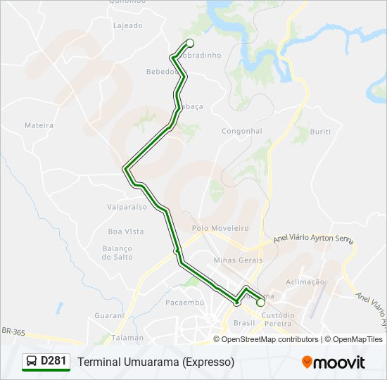 Mapa da linha D281 de ônibus