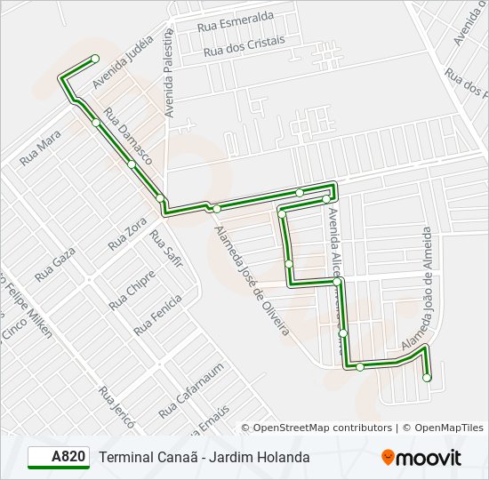 Mapa da linha A820 de ônibus