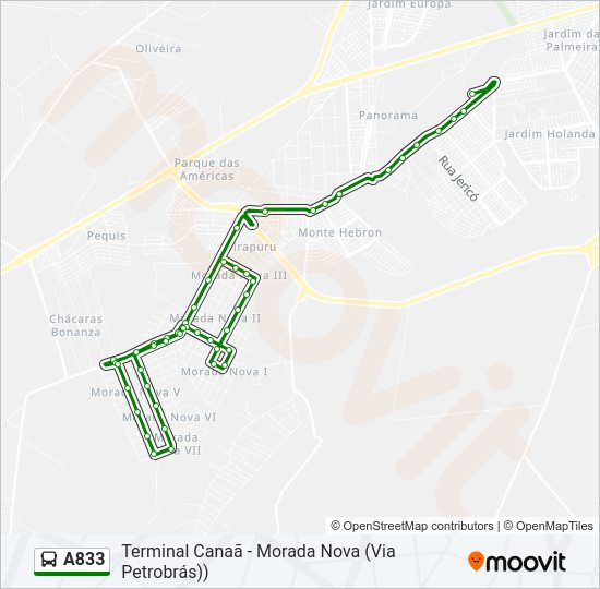Mapa da linha A833 de ônibus