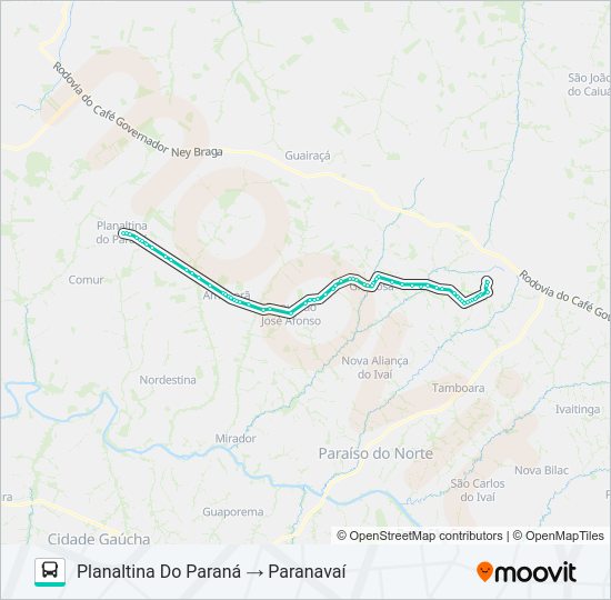 Mapa da linha 1533-500 PARANAVAÍ / PLANALTINA DO PARANÁ (VIA AMAPORÃ) de ônibus