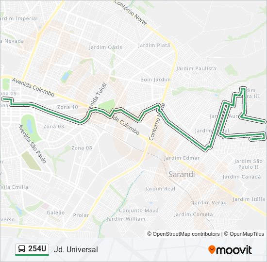 Mapa da linha 254U de ônibus