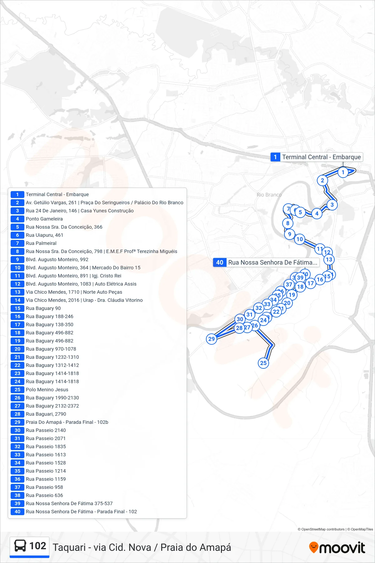 Rota e paradas da linha de ônibus 102 (Taquari - via Cid. Nova / Praia do Amapá) no mapa