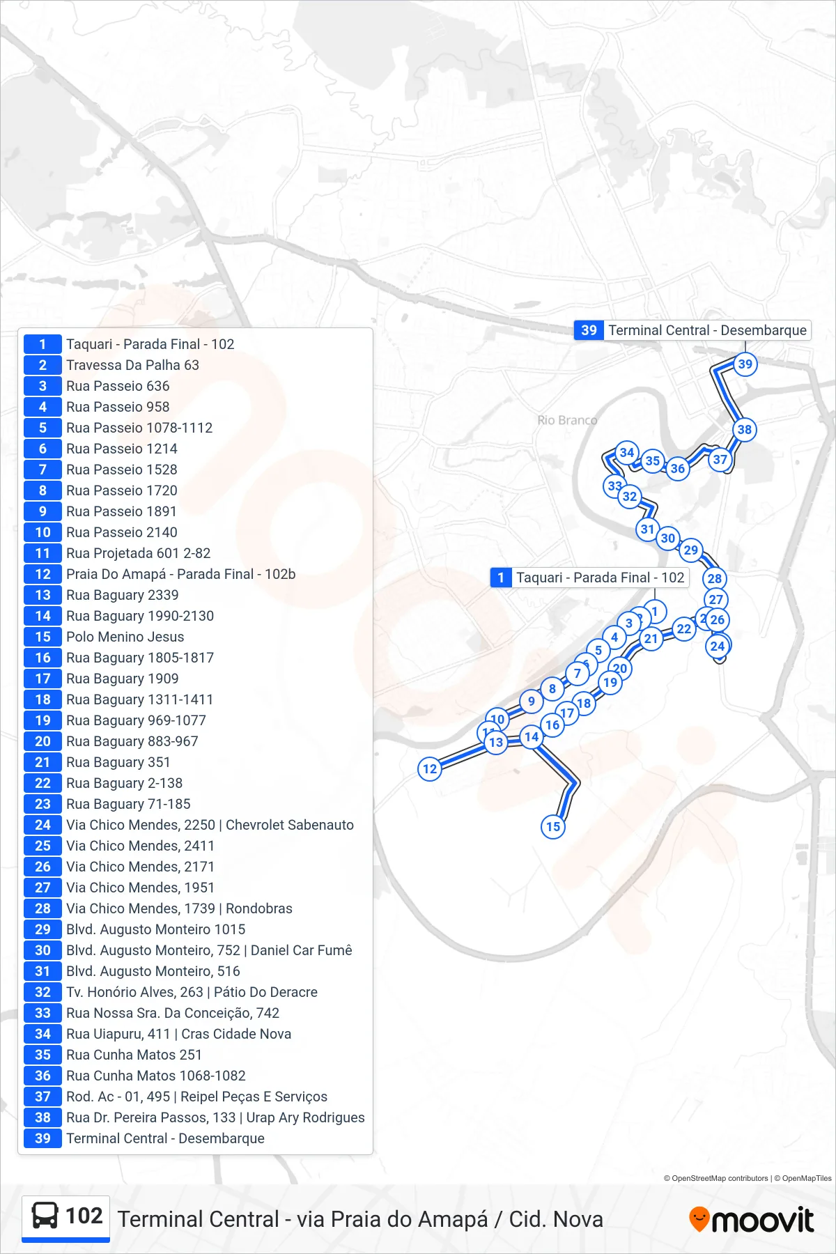 Rota e paradas da linha de ônibus 102 (Terminal Central - via Praia do Amapá / Cid. Nova) no mapa