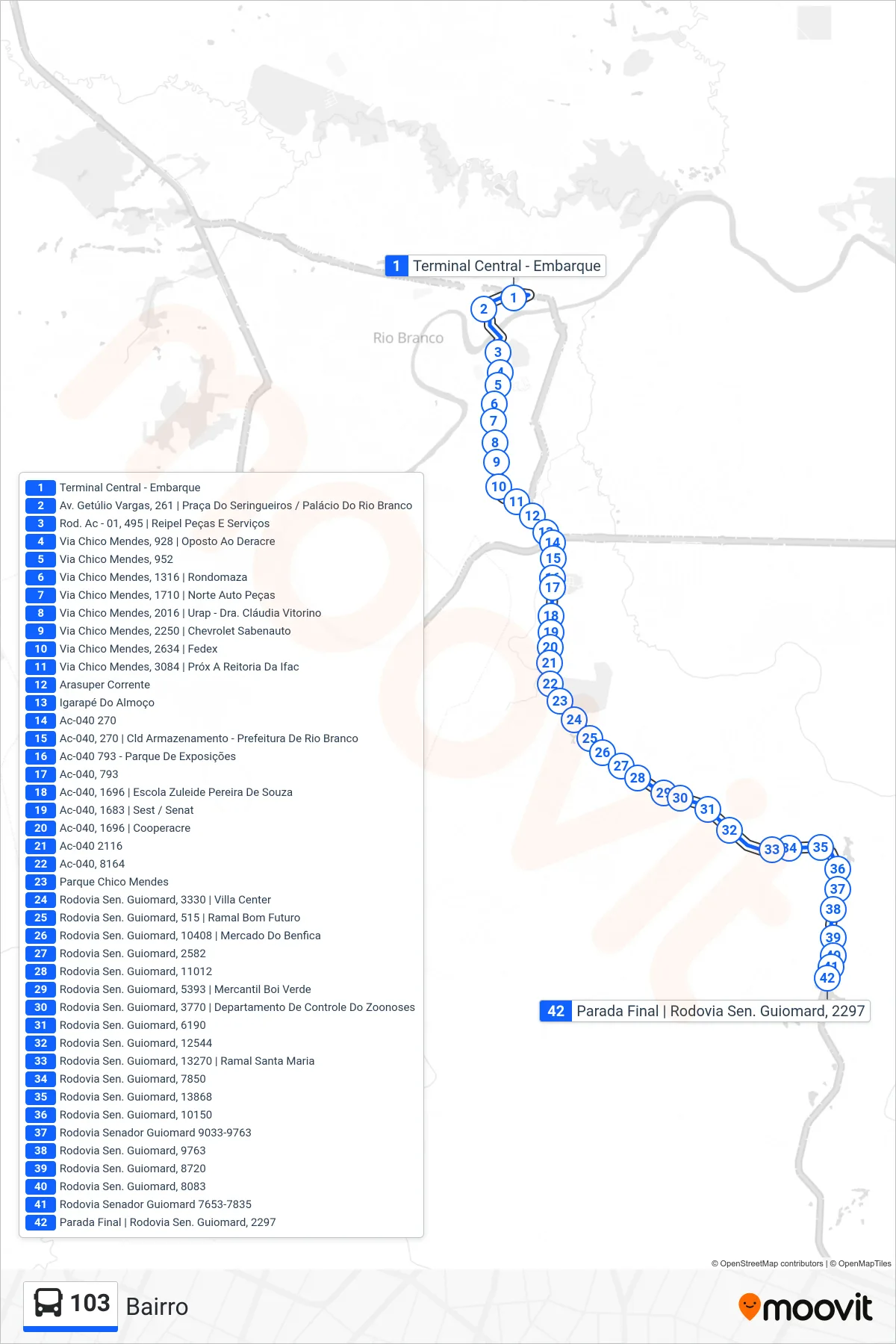 Rota e paradas da linha de ônibus 103 (Bairro) no mapa