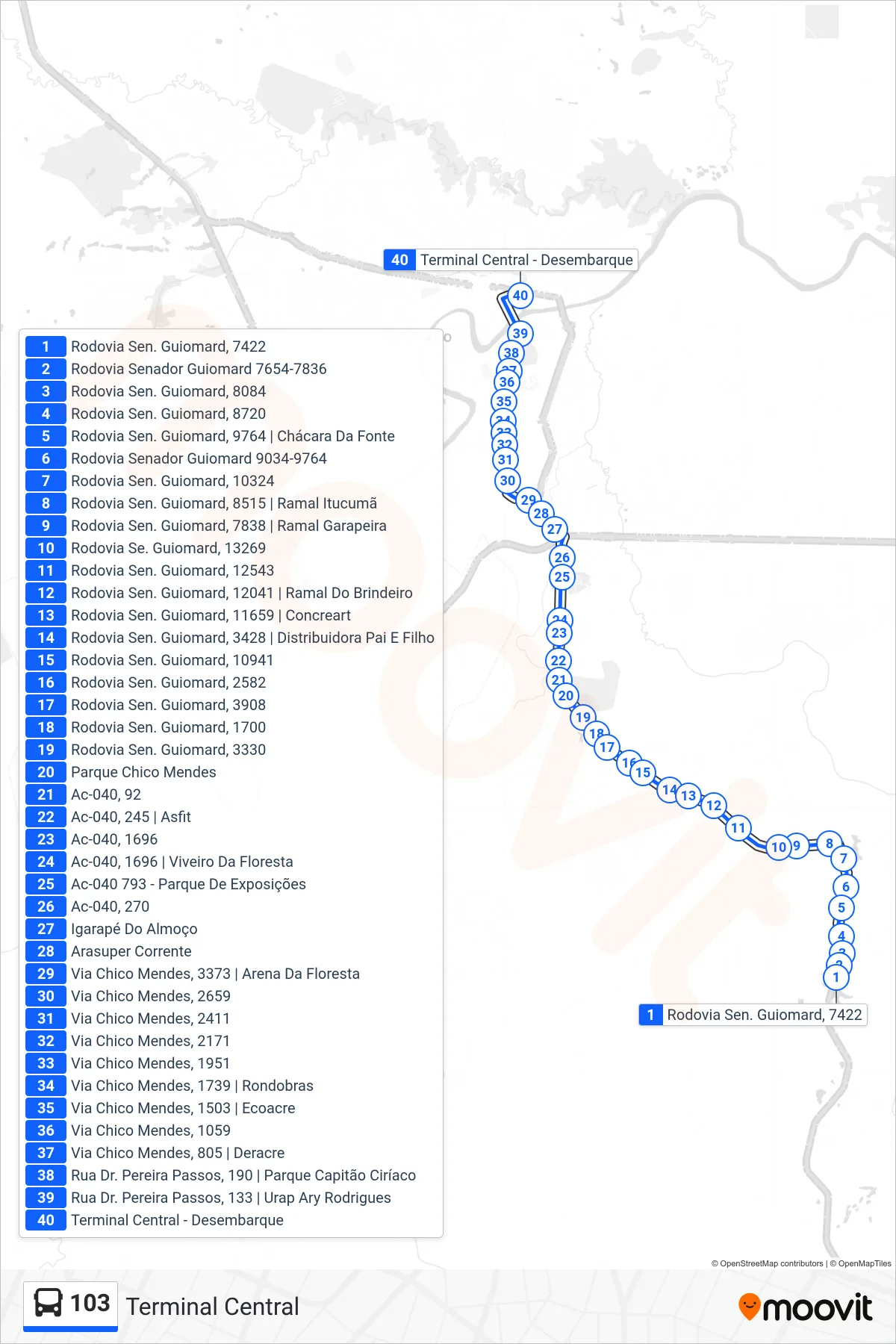 Rota e paradas da linha de ônibus 103 (Terminal Central) no mapa