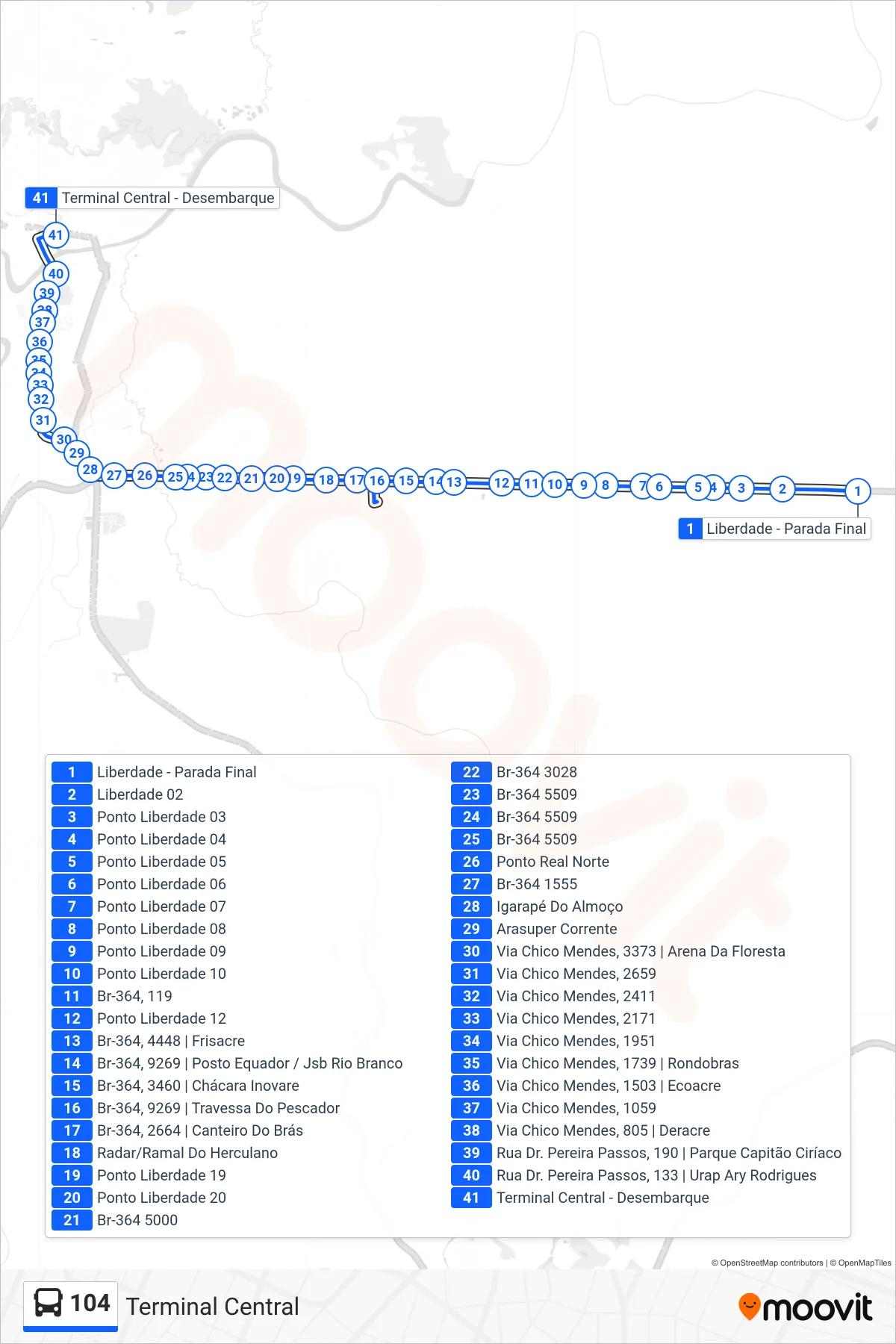 Rota e paradas da linha de ônibus 104 (Terminal Central) no mapa