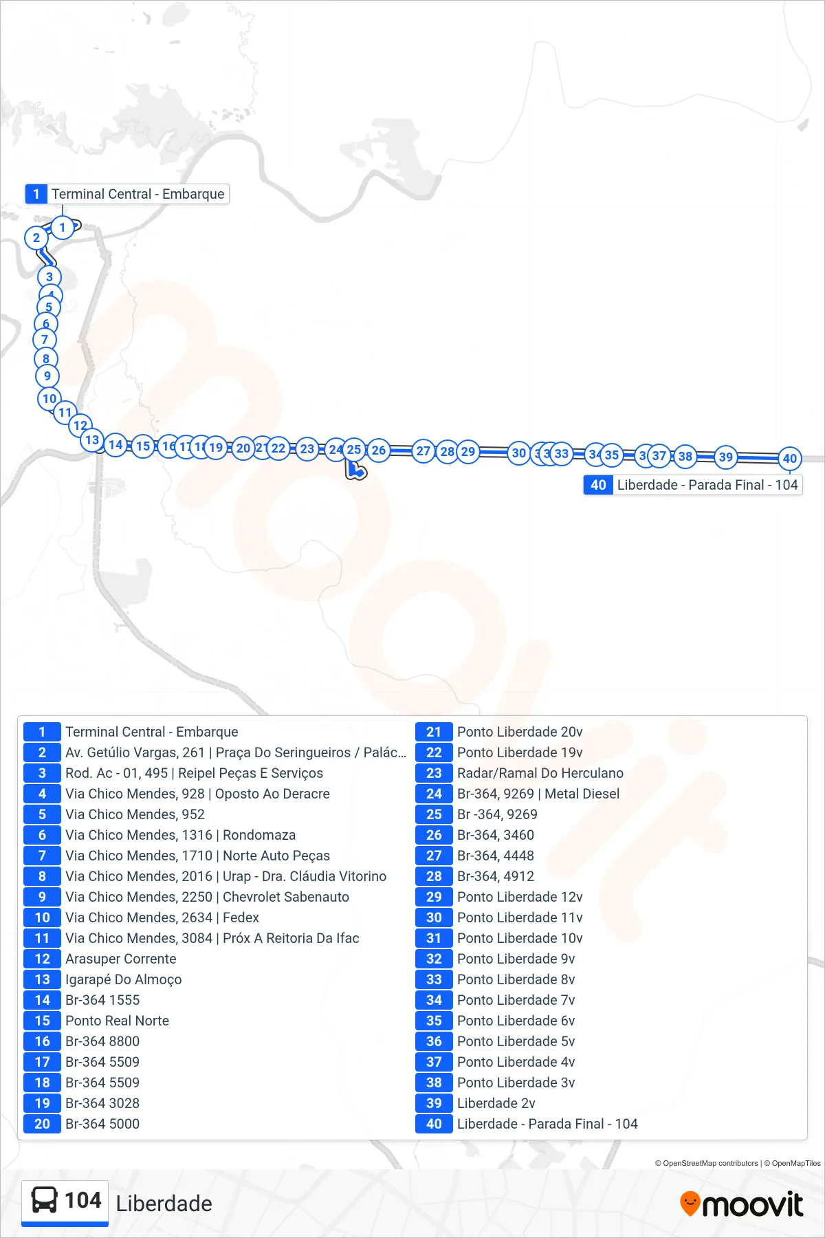 Rota e paradas da linha de ônibus 104 (Liberdade) no mapa