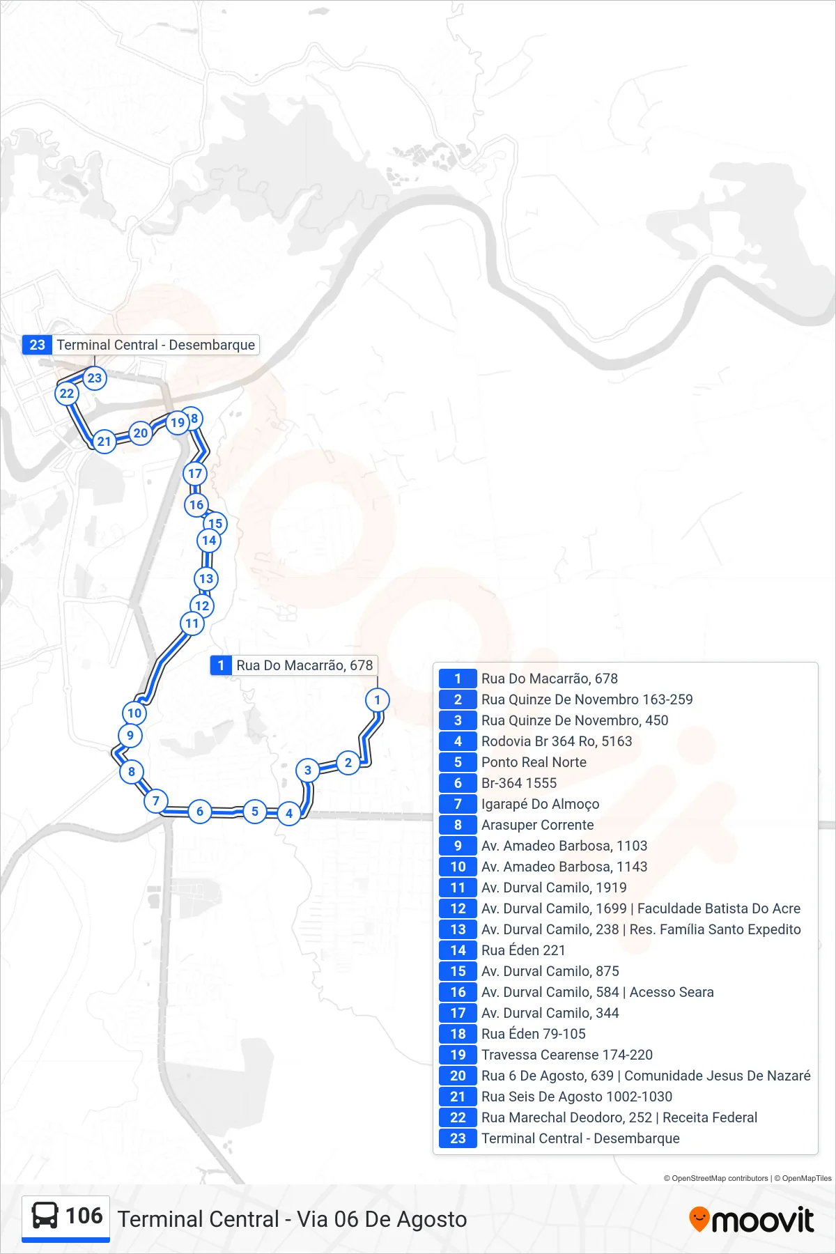 Rota e paradas da linha de ônibus  106  (Terminal Central - Via 06 De Agosto) no mapa
