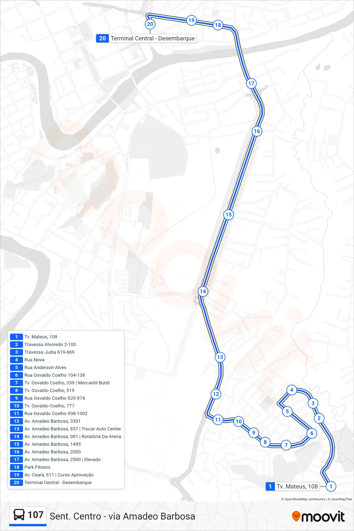 Rota e paradas da linha de ônibus 107 (Sent. Centro - via Amadeo Barbosa) no mapa