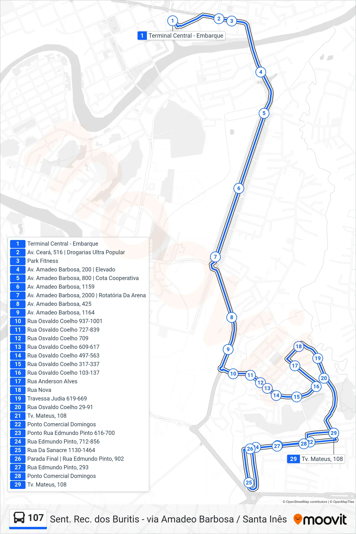 Rota e paradas da linha de ônibus 107 (Sent. Rec. dos Buritis - via Amadeo Barbosa / Santa Inês) no mapa