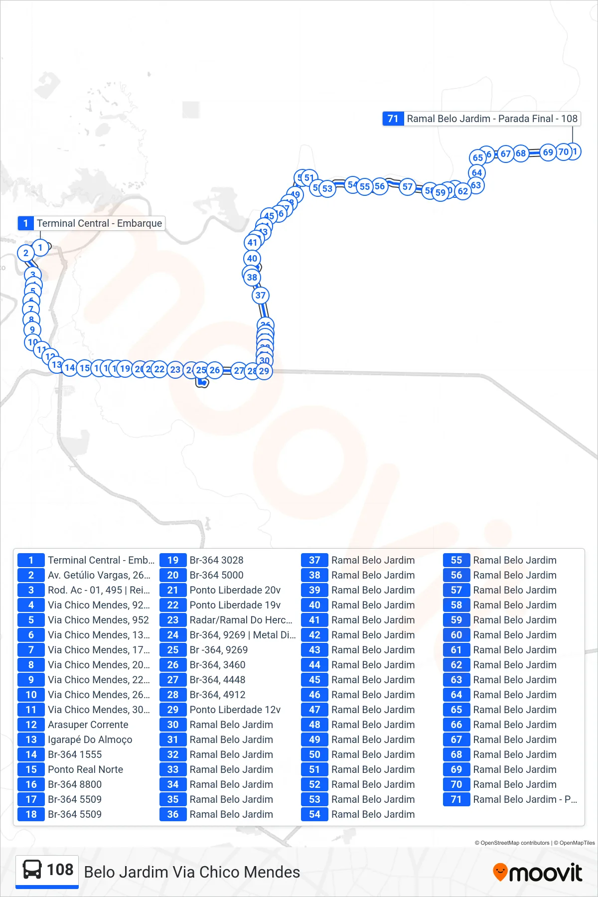 Rota e paradas da linha de ônibus 108 (Belo Jardim Via Chico Mendes) no mapa