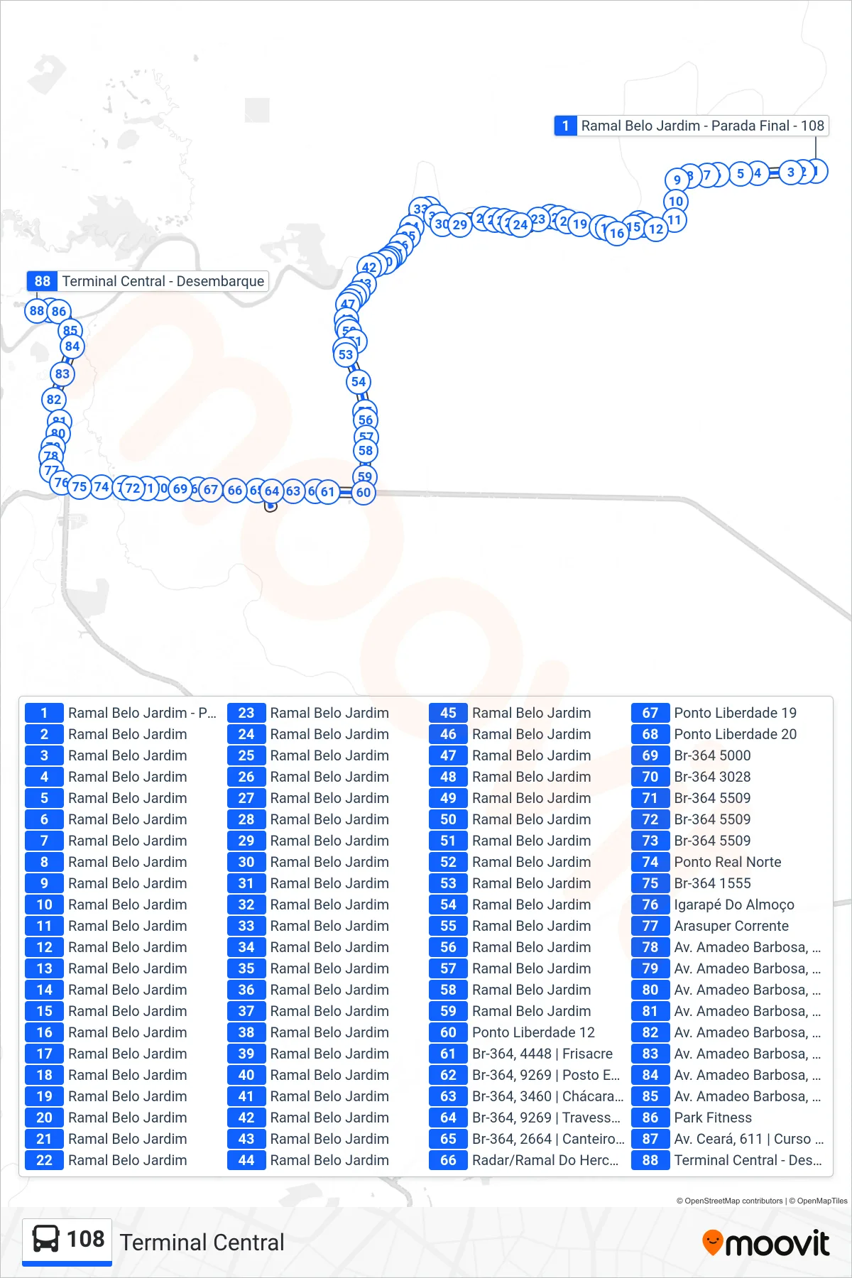 108 bus Line (Terminal Central) route and stops on a map