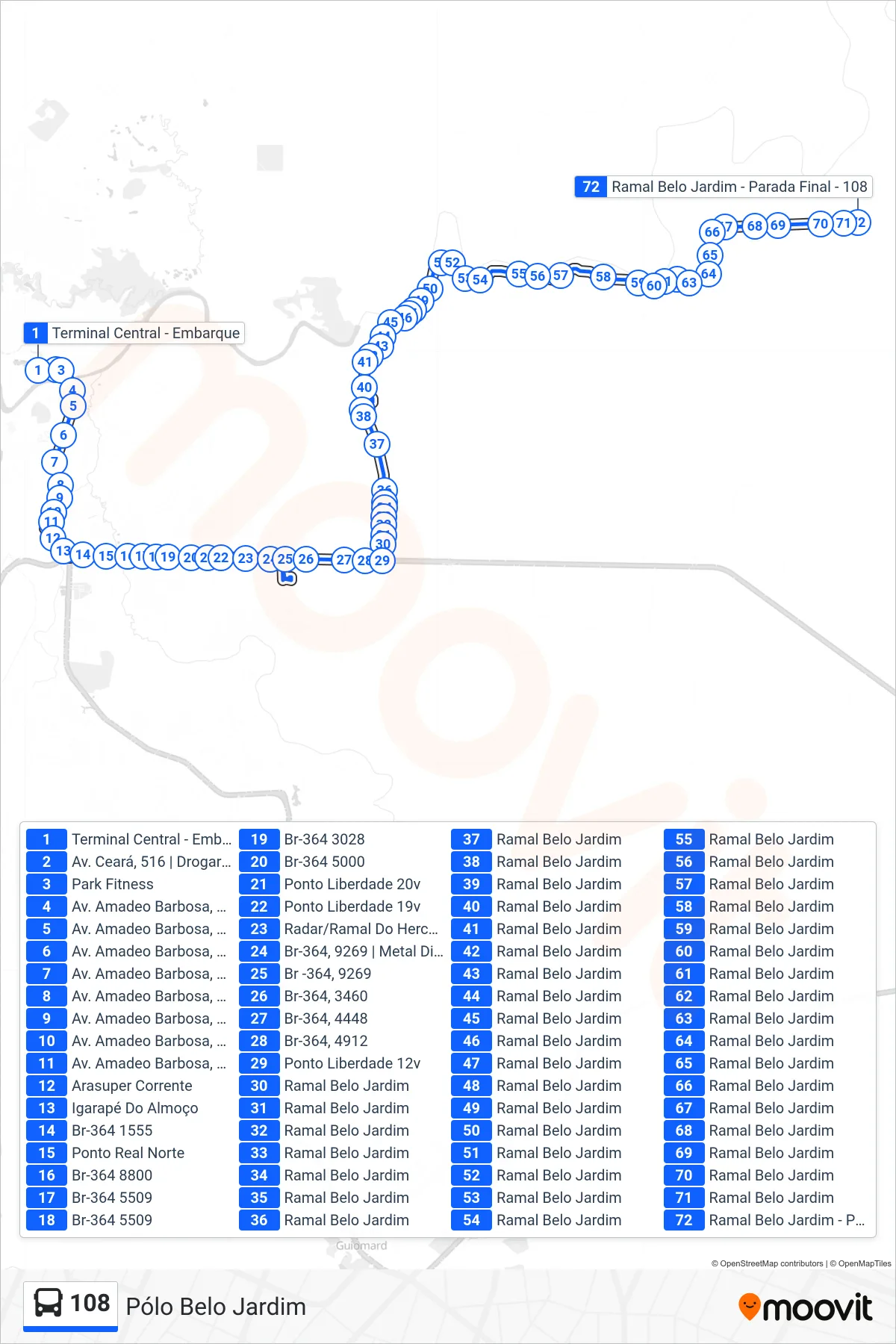 Rota e paradas da linha de ônibus 108 (Pólo Belo Jardim) no mapa