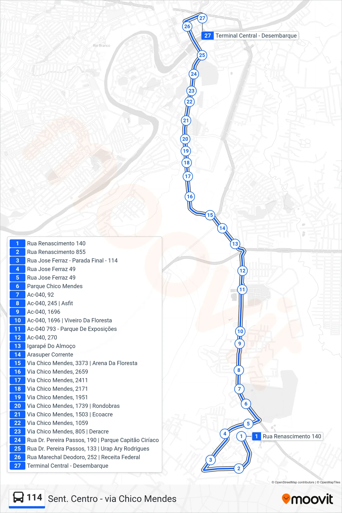 Rota e paradas da linha de ônibus 114 (Sent. Centro - via Chico Mendes) no mapa
