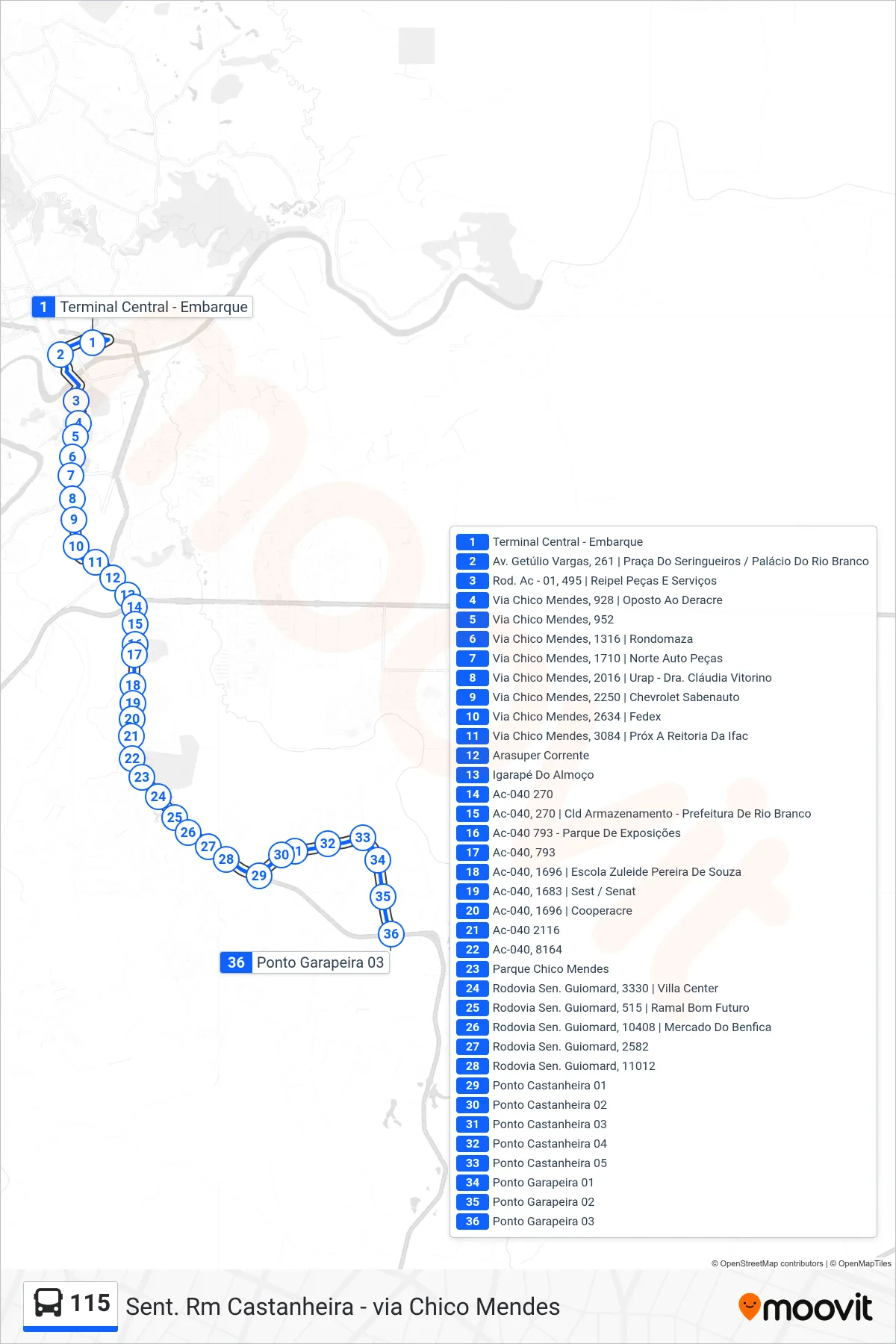 Rota e paradas da linha de ônibus 115 (Sent. Rm Castanheira - via Chico Mendes) no mapa