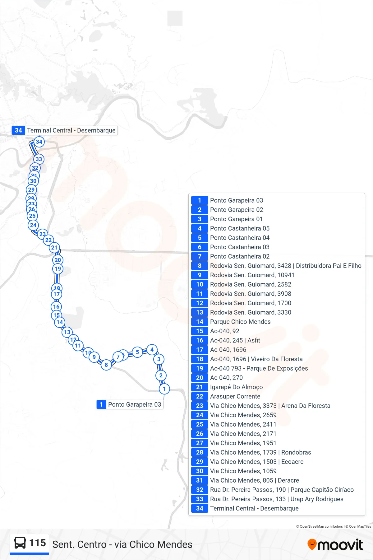 Rota e paradas da linha de ônibus 115 (Sent. Centro - via Chico Mendes) no mapa