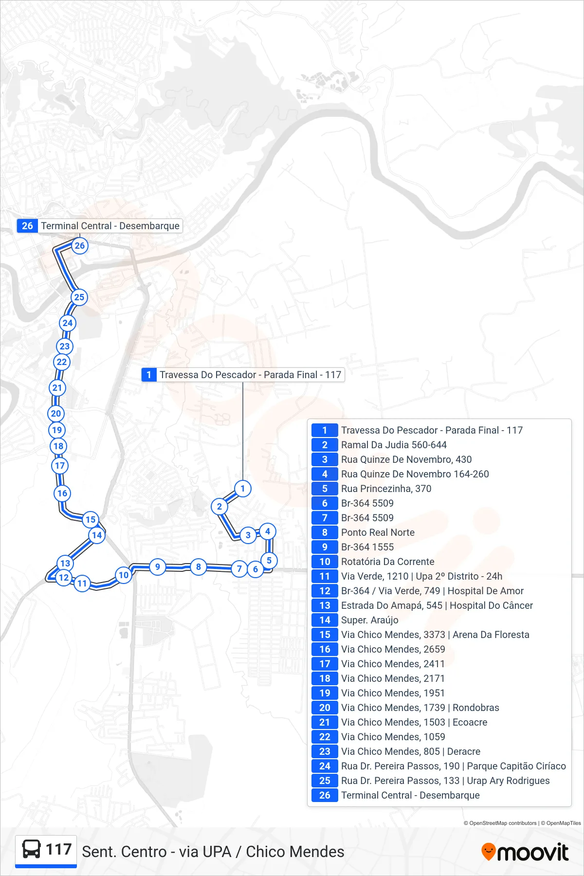 Rota e paradas da linha de ônibus 117 (Sent. Centro - via UPA / Chico Mendes) no mapa