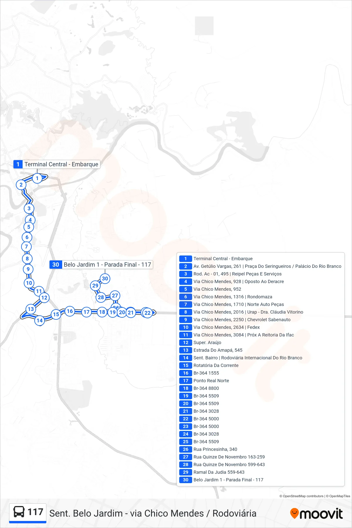 Rota e paradas da linha de ônibus 117 (Sent. Belo Jardim - via Chico Mendes / Rodoviária) no mapa