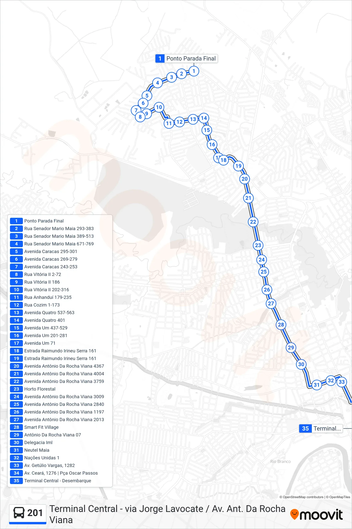 Rota e paradas da linha de ônibus 201 (Terminal Central - via Jorge Lavocate / Av. Ant. Da Rocha Viana) no mapa