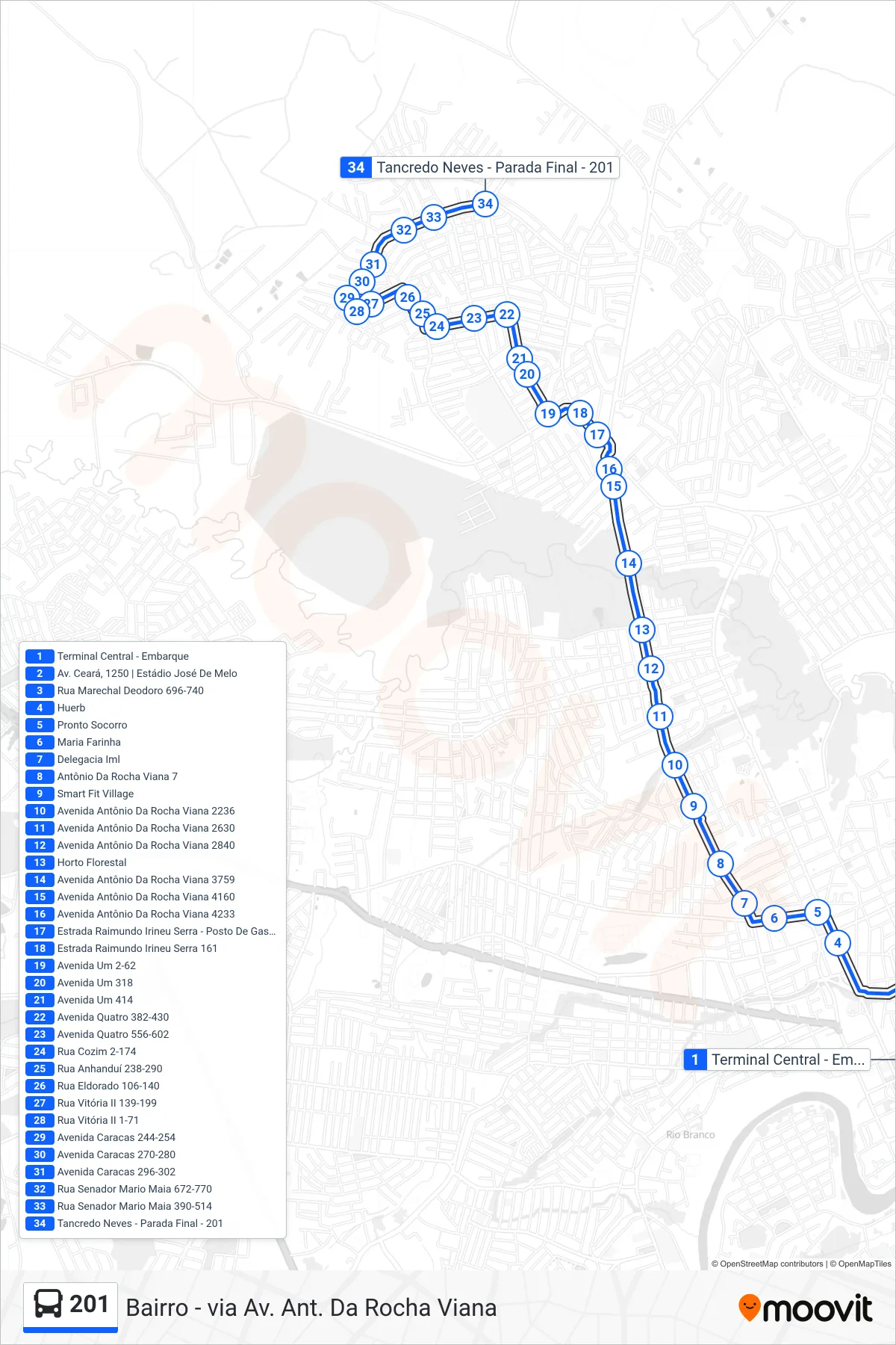 Rota e paradas da linha de ônibus 201 (Bairro - via Av. Ant. Da Rocha Viana) no mapa