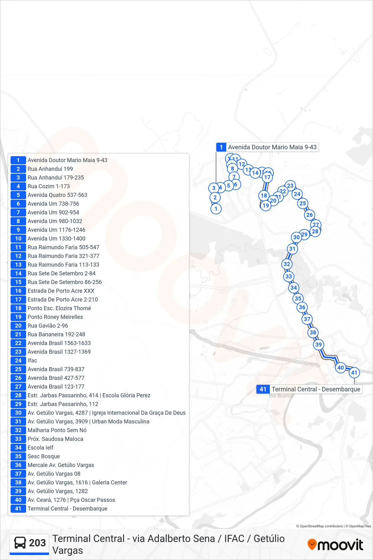 Rota e paradas da linha de ônibus 203 (Terminal Central - via Adalberto Sena / IFAC / Getúlio Vargas) no mapa