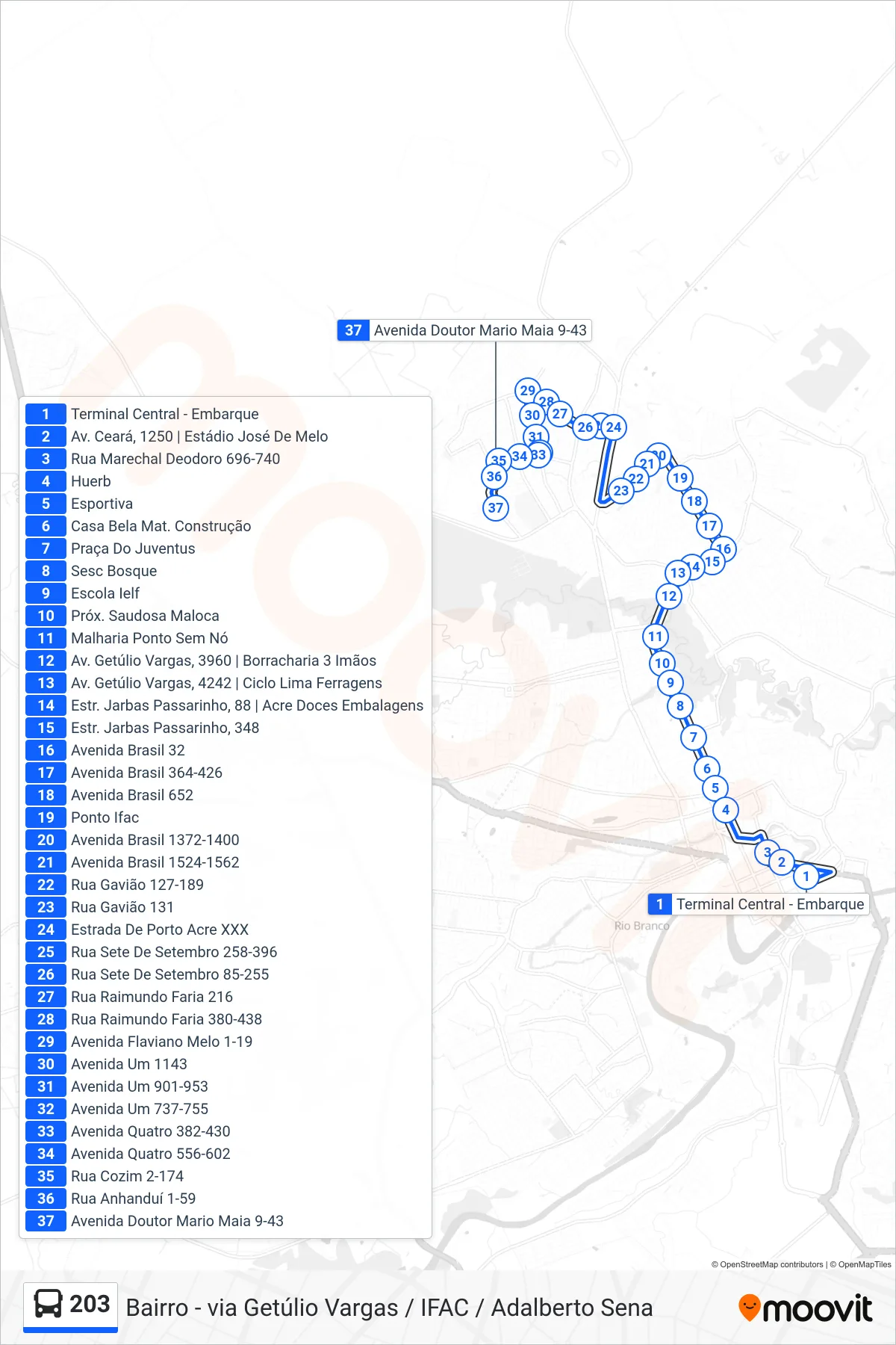 Rota e paradas da linha de ônibus 203 (Bairro - via Getúlio Vargas / IFAC / Adalberto Sena) no mapa