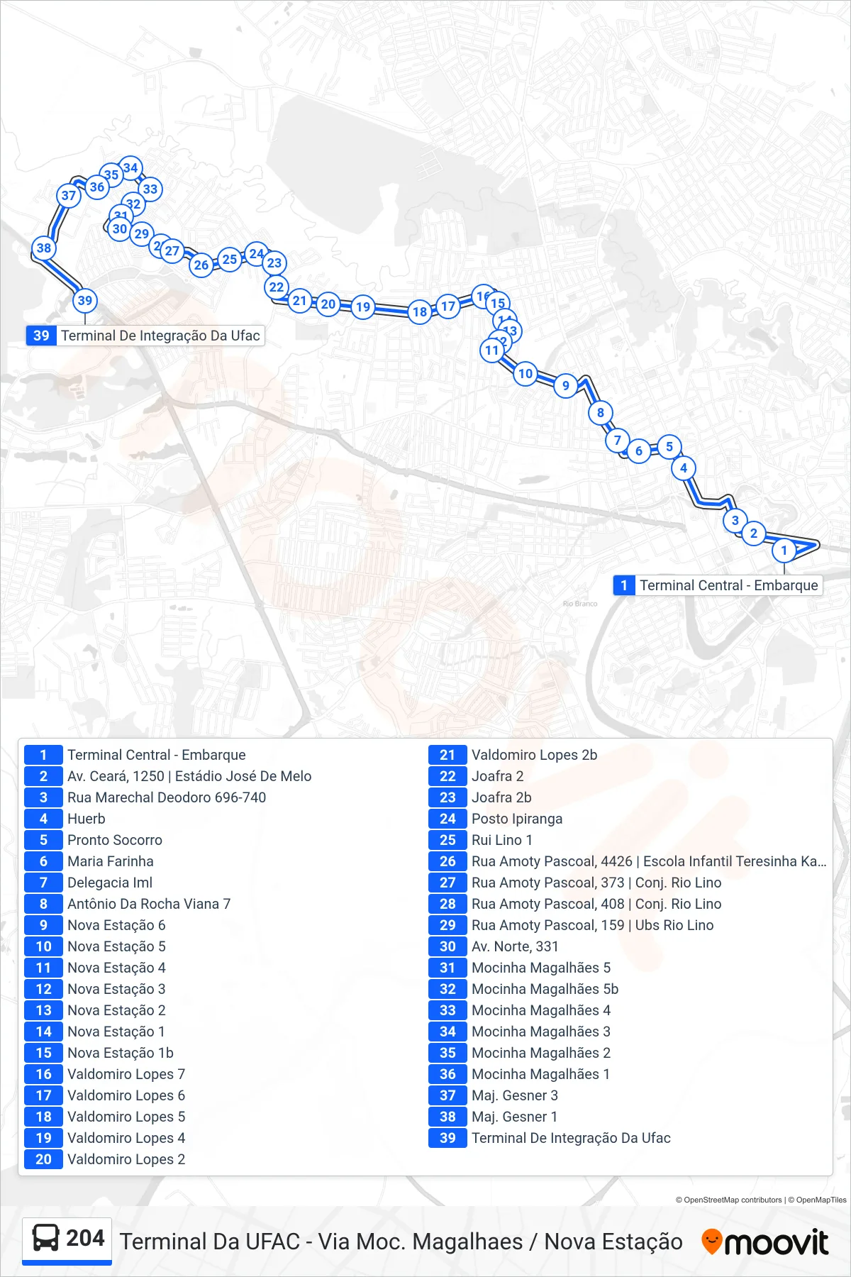 Rota e paradas da linha de ônibus  204  (Terminal Da UFAC - Via Moc. Magalhaes / Nova Estação) no mapa
