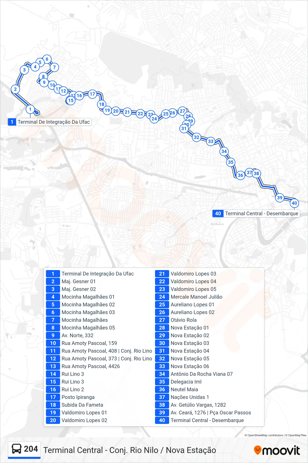 Rota e paradas da linha de ônibus 204 (Terminal Central - Conj. Rio Nilo / Nova Estação) no mapa