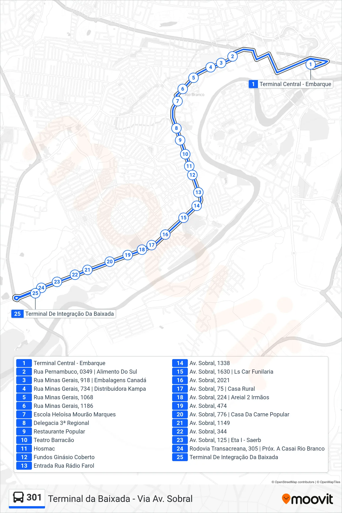 Rota e paradas da linha de ônibus  301  (Terminal da Baixada - Via Av. Sobral) no mapa