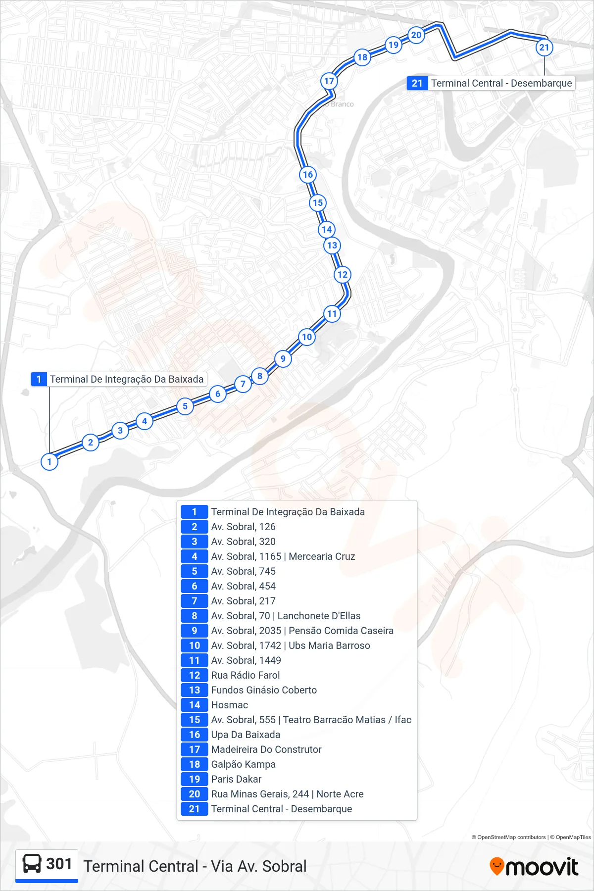 301 bus Line (Terminal Central - Via Av. Sobral) route and stops on a map