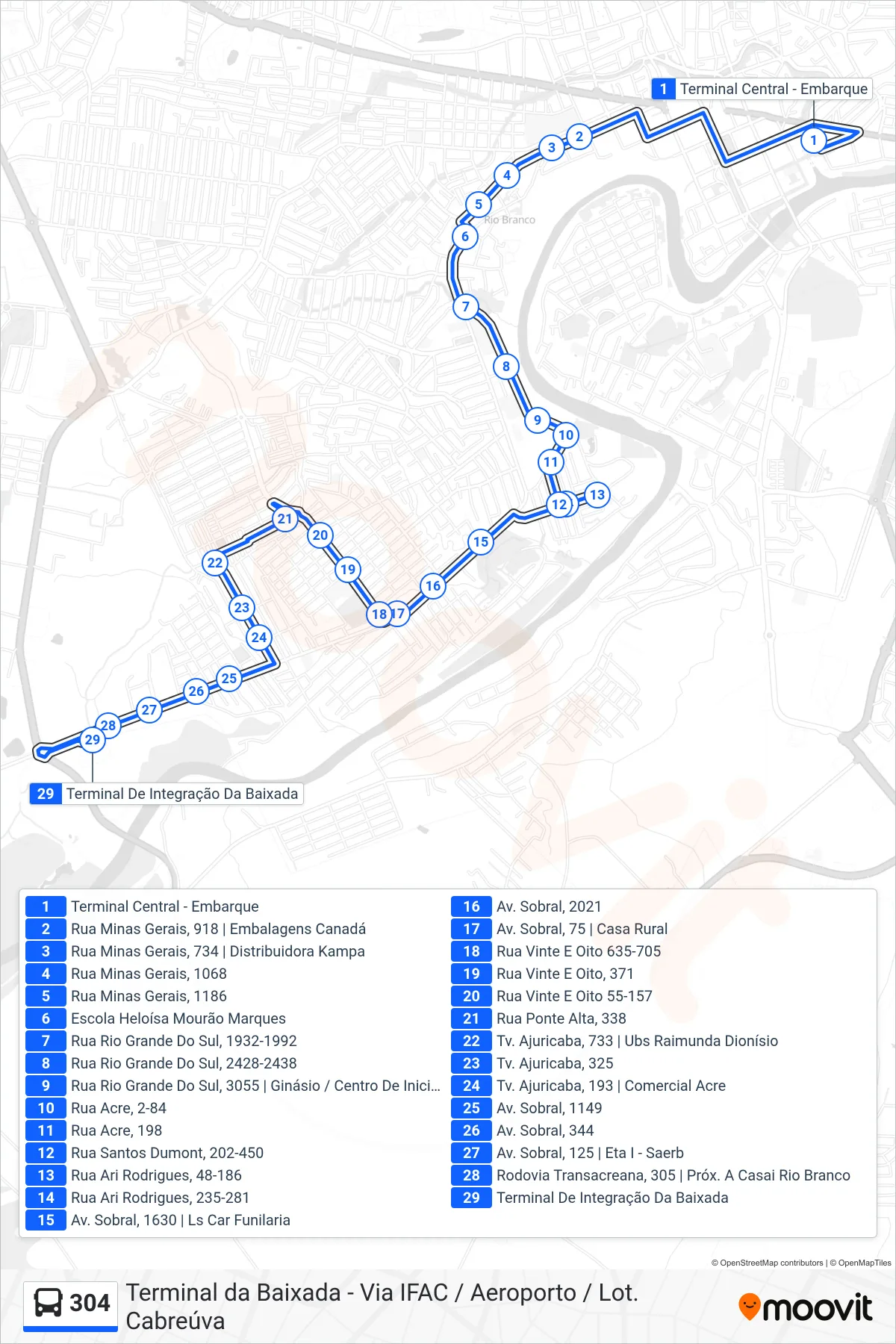 Rota e paradas da linha de ônibus  304  (Terminal da Baixada - Via IFAC / Aeroporto / Lot. Cabreúva) no mapa