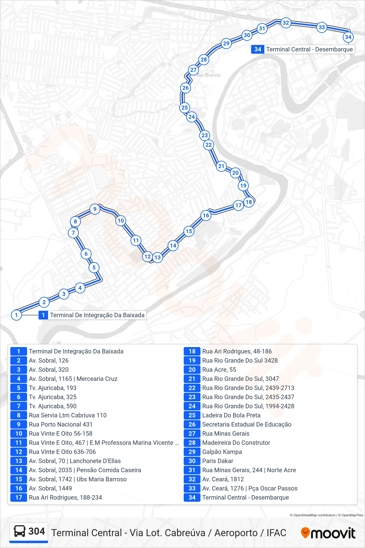 Rota e paradas da linha de ônibus 304 (Terminal Central - Via Lot. Cabreúva / Aeroporto / IFAC) no mapa