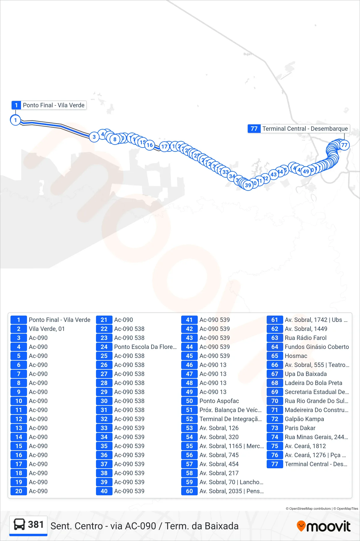 Rota e paradas da linha de ônibus 381 (Sent. Centro - via AC-090 / Term. da Baixada) no mapa