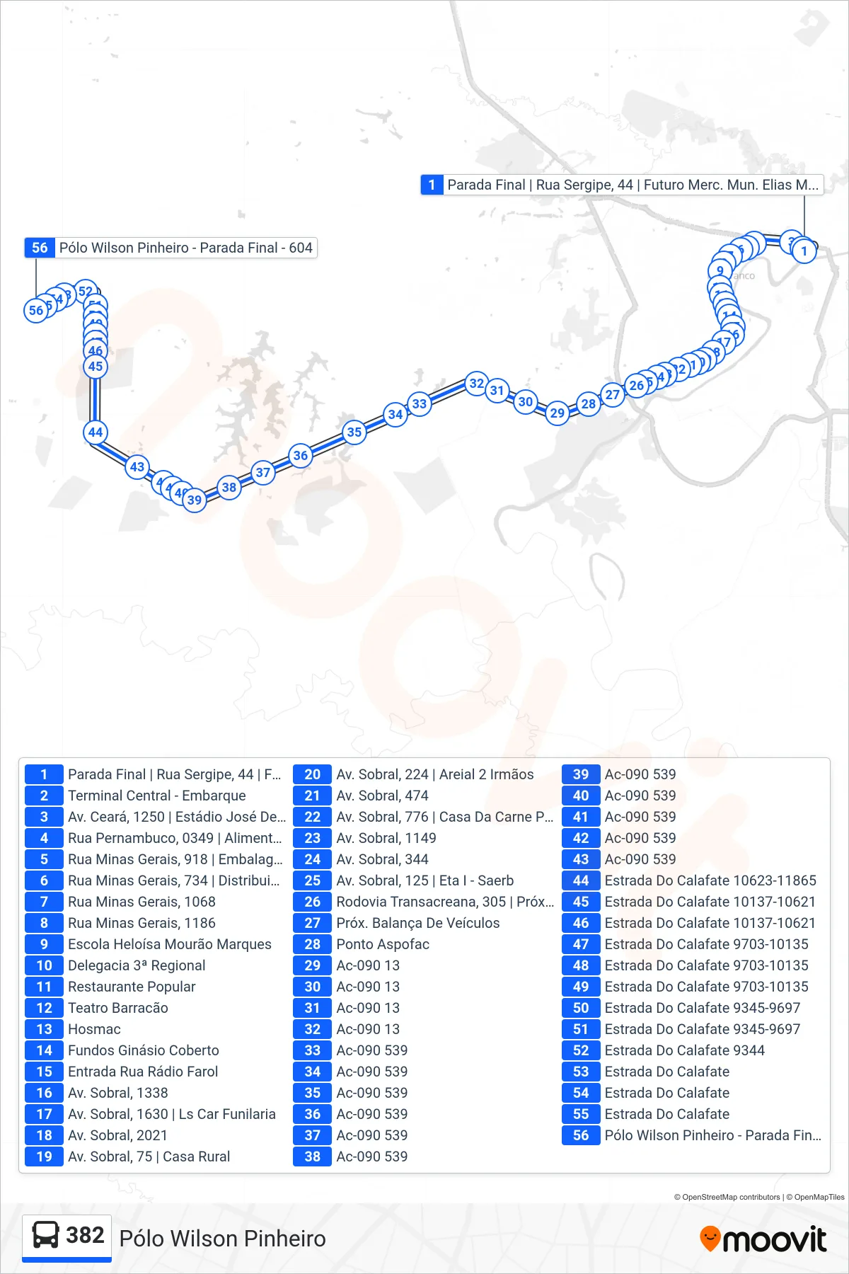 382 bus Line (Pólo Wilson Pinheiro) route and stops on a map